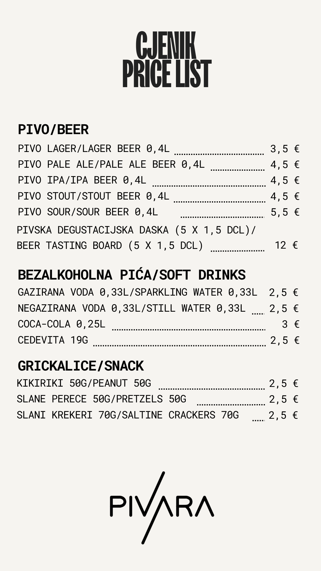 Pivara cjenik 1